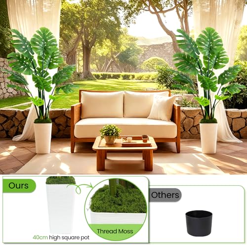 UPBUD Artificial Monstera Deliciosa Plant, 5FT Fake Tree with Real Touch Green Leaves & White Square Pot, 60in Tall Faux Trees Floor Plants for Indoor Outdoor Office Living Room Decor - color: Green Leaves White Planter