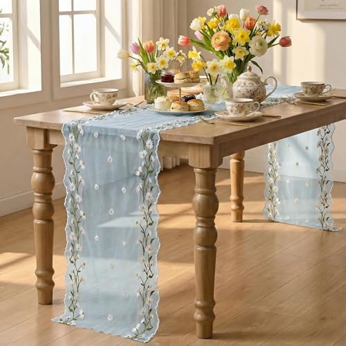 Artoid Mode Daisy Floral Sky Blue Shaped Gauze Embroidery Table Runner 120 Inch 10FT, Tulle Spring Summer Kitchen Dining Table Decor for Home Party - color: Sky Blue