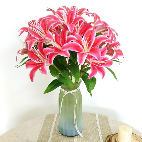 Artificial Lilies Flowers,10Pcs Faux Lily Flower,20''Tiger Lily Branch with 2 Full Blooms , Faux Fake Lilies Plants for Wedding Bouquet Home Party Indoor Floral Arrangements (10, deep pink) - color: Deep Pink