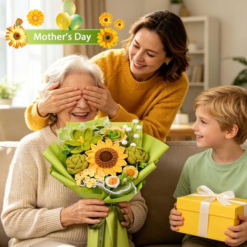 Crochet Flower Bouquet, Crochet Sunflower Bouquet, Green Knitted Flowers for Graduation or Back-to-School Gifts, Mother's Day, Father's Day, Anniversary, Birthday, Valentines Day Gifts (Large-Green) - color: Large-green