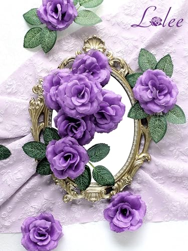 LELEE Rose Head Flowers with Stem - 108pcs Dark Purple Rose Artificial Flowers Bulk - Silk Rose Fake Flower for Wedding Bouquet Party Home Decor DIY Baby Shower Centerpieces Tables Decoration - color: Purple