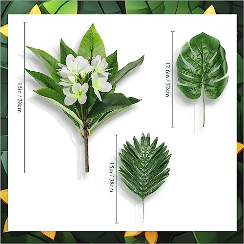 Crowye 10 Pcs Safari Decorations Include 2 Artificial Plumeria Frangipani Flower Bouquets 4 Artificial Palm Leaves with Faux Stems Tropical Plant Leaves 4 Fake Monstera Leaves Safari Leaves for Luau