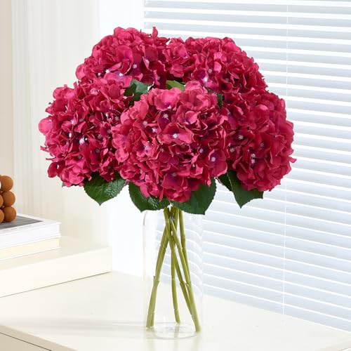 8Pcs Fake Flowers Silk Hydrangea Artificial Flowers Bouquets Faux Hydrangea Stems for Home Table Centerpieces Wedding Party Decoration - color: Fuchsia