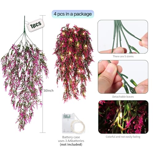 SJL 4pcs Long Fake Plant Faux Hanging Plants Indoor with Lights Artificial Hanging Greenery for Outdoors Ivy Hang Plastic Long Stem Leaves Decor for Wedding Home Office Party Room (Fuchsia) - color: Fuchsia Laven With Lights
