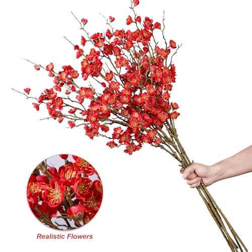 florisso 6 PCS Artificial Cherry Blossom Branches Spring Indoor Decoration, Faux Red Flowers 34.45" Long Stems Fake Plum Peach Plants Real Touch Silk for Wedding Home Bedroom Party Table Office - color: A-red