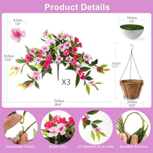 Hommyea Artificial Fake Hanging Flowers Plants Basket for Outdoors Outside Decoration UV Resistant Faux Silk Flowers Look Real Plastic Flowers for Spring Planters Home Porch Patio Garden Decor - color: 3psc Rose Pink
