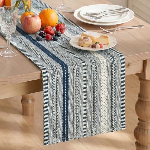 Artoid Mode Dark Blue Farmhouse Woven Table Runner, Seasonal Holiday Rustic Kitchen Dining Table Decoration for Home Party Decor 12x72 Inch - color: Dark Blue, size: 12" x 72", Table Runner