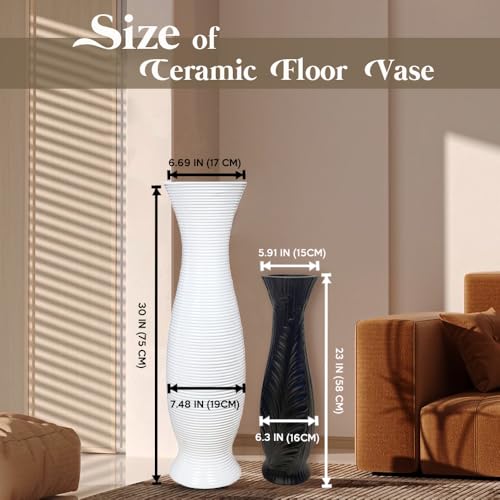 Tall White Floor Vase 30 inches, Handmade Modern Large Ceramic Vases for Home Decor Living Room, Horizontal Stripes Decorative Vases Wide Mouth Opening Corner Vase for Pampas Grass, Hallway - color: White Stripe Pattern