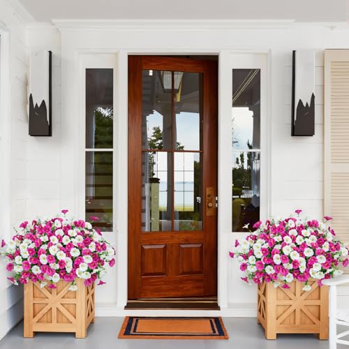 Artificial Flowers for Outdoors, 16 Bundles Mix Color Silk Faux Flowers Morning Glory UV Resistant Eucalyptus Plants Fake Petunias Plants for Porch Garden Planters Window Box Outside Indoor Decor - color: Fuchsia White