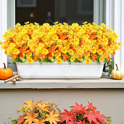 Uieke 24 Bundles Artificial Fall Flowers for Outdoors Fake Daisy Mums Flowers UV Resistant Autumn Flowers No Fade Indoor Outside Home Wedding Garden Porch Fall Décor (Orange Yellow) - color: Yellow,orange, size: 24
