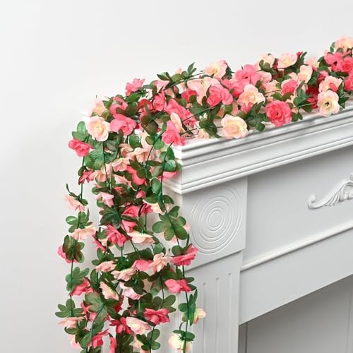 Sherika 9 Pcs 72FT Artificial Flower Garland, Fake Pink Roses Vines Hanging Silk Flowers Faux Floral Garland for Wedding Arch Room Wall Backdrop Bedroom Centerpieces Mothers Day Decorations - color: Pink
