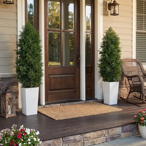 Aveyas 5ft Artificial Cedar Topiary Trees, 5 ft Faux Potted Plants Evergreen Fake Pine Cypress Tree for Outdoor Porch Home Outside Door Decor (5 Feet Tall Including Raised Pot) - Set of 2 Pack - color: Cedar Topiary Trees - 2 Pack (5ft)