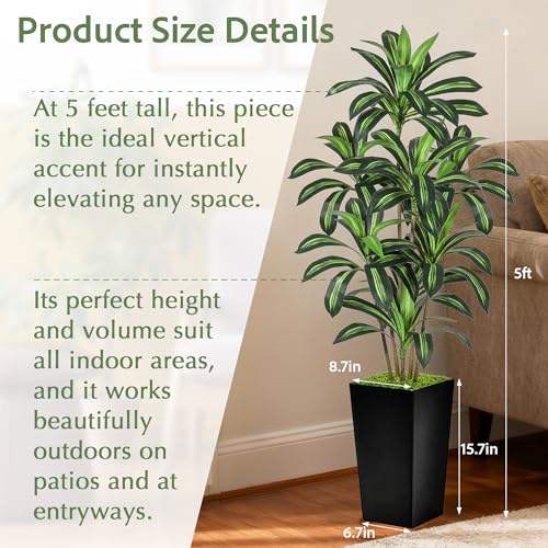 Dracaena Artificial Plant, 5FT Tall Artificial Plants Indoor Dracaena Tree in Pot, Fake Floor Plant for Living Room Decor, Artificial Tropical Plants Outdoor Porch Decor Office (Black, 5FT) - color: Black, size: 5FT