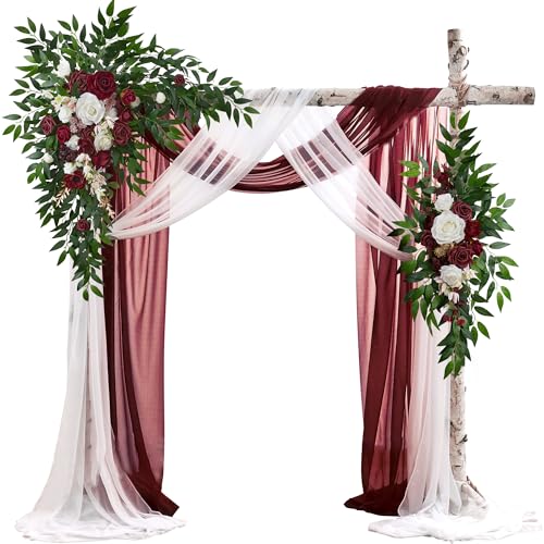 Wedding Arch Flowers with Drapes Kit (Pack of 4) - 2pcs Artificial Christmas Marsala Deluxe Swag with 2pcs Sheer Drapes for Wedding Ceremony Arbor Reception Backdrop Rose Floral Decoration - color: Marsala
