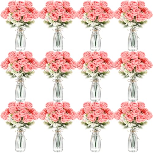 Zeyune 36 Pack Artificial Flowers Centerpiece with Vase Bulk for Wedding Table 24 Bundles Silk Floral Faux Rose Bouquet with 12 Plastic Vase for Bridal Shower Table Decor(Pink) - color: Pink