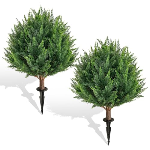 25” Artificial Cedar Topiary Ball Tree, Set of 2 with Ground Spikes, UV Resistant Faux Cypress Plants, Evergreen Shrubs for Outdoor Front Porch Garden Backyard Office Decor - color: B-green