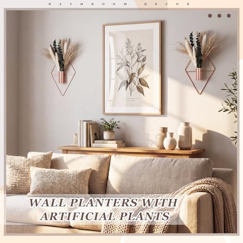 Canlierr 4 Pcs Rose Gold Wall Decor Hanging Planters with Artificial Plants Eucalyptus Pampas Grass Metal Hanging Vase Indoor Plants Holder Modern Boho Wall Art for Bathroom Bedroom Living Room Decor - color: Rose Gold, size: Pampas Grass, Eucalyptus