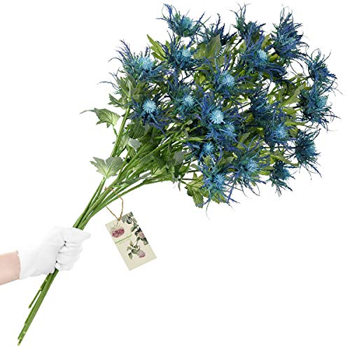 FiveSeasonStuff Real Size Artificial Thistle Flowers Real Touch 8 Stems Rustic Blue Thistle Decor Spray Eryngium | Sea Holly for Wedding Bouquet Centerpiece 26 inches - color: Rustic Blue