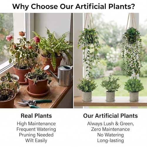 Artificial Hanging Plants 5 Pack – Small Fake Potted Ivy Plants for Indoor or Outdoor Décor, Wall Shelf Home Office Room Decoration, Realistic Faux Plants with Planters - size: 5-pcs-5in1