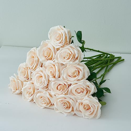 15pcs Champagne Roses Artificial Flowers Silk Fake Flowers Realistic Faux Roses Bouquet Long Stem for Wedding Home Party Birthday Decoration - color: Champagne