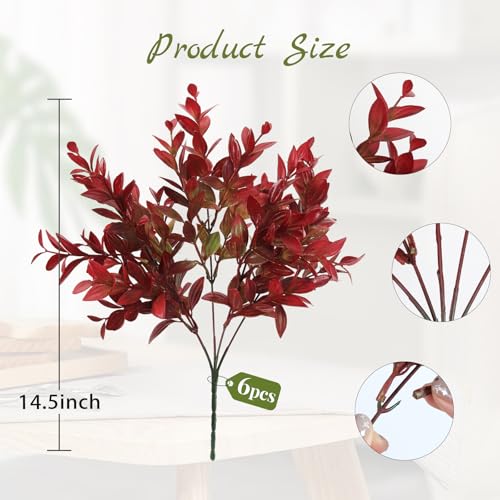 6 Bundles Artificial Fall Greenery Stems for Vase, 14.5" Fake Red Lucky Bamboo Leaves Faux Outdoor UV Resistant Shrubs Plants for Home Garden Patio Porch Farmhouse Pathway Thanksgiving Indoor Decor - color: Red