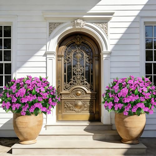 Roberly 6 Bundles Artificial Flowers for Outdoors, Faux Silk Catharanthus Roseus Flowers Bouquet Fake Greenery Plant for Spring Summer Garden Patio Porch Window Box Table Home Decor, Purple - color: Purple