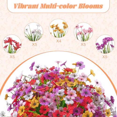 Ammyoo 24 Pcs Artificial Fake Flowers for Outdoor Spring Decoration, Faux Flowers No Fade UV Resistant Silk Flower Plants for Outside Garden Yard Porch Patio Balcony Indoor Decor - color: Multicolor（red, White, Pink, Purple, Yellow）