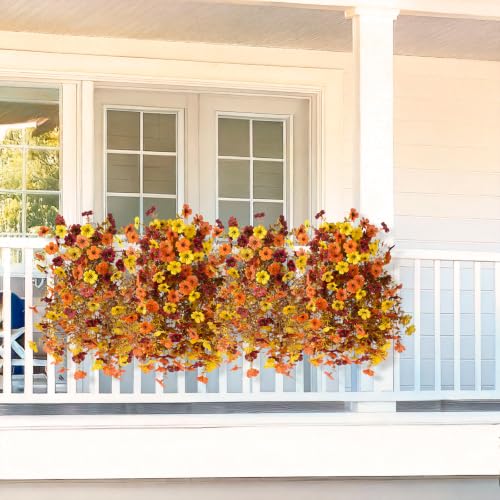 Homsunny Artificial Faux Mums Fall Flowers for Outdoor Outside Decoration | 2 pcs fake fall silk flowers for outside,16 branches tips per bunch，realistic UV-resistant for home Porch balcony patio - color: Orange Yellow Brown