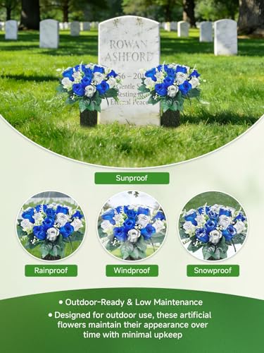 2-Pack Cemetery Flowers for Grave with Vases, 18-Stem Blue & White Artificial Roses, Color-Fast & Non-Bleed Grave Decorations for Cemetery, Wind-Secure Spikes for Outdoor Tombstone - color: Blue & White