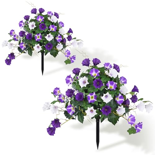 Elyum 2 Pack Artificial Flowers Topiary Ball Trees for Outdoors, 19.7" Lifelike Morning Glory Fake Bushes Plants, UV Resistant Fake Plants Faux Shrubs with Ground Spike for Porch Garden Decor (Purple) - color: Mixed Purple