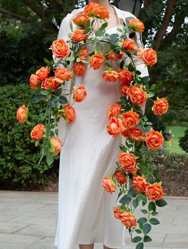 2Pcs 12Ft Bendable Artificial Flower Garland Faux Rose Vine Hanging Floral Garland for Wall Decor Trellis Fence Home Room Garden Wedding Decoration(Orange, 2pcs) - color: Orange, size: 2pcs
