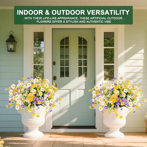 12 Bundles Artificial Daisy Flowers for Outdoors Summer Decor, UV Resistant Fake Cemetery Flowers Faux Plastic Greenery Shrub Plants for Home Gardens Porch Planter Yards Décor(Mix White Yellow Purple) - color: Mix White Yellow Purple, size: 12 Bundles