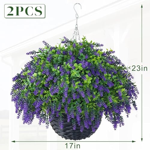 Juxdp Artificial Lavender and Boxwood Hanging Basket - 2 Set for Outdoor Decorations,Fake Flower Hanging Basket UV-Resistant for Porch, Home Garden, Farmhouse, Eaves, Yard Decor