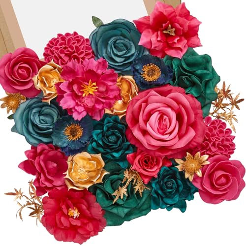 Serwalin Artificial Flowers, Hot Pink & Teal Fake Silk Flowers for DIY Wedding Bridal Bouquets Faux Cake Flowers for Table Centerpieces Party Baby Shower Floral Decorations - color: A Gorgeous Hot Pink & Teal, size: 1 Box