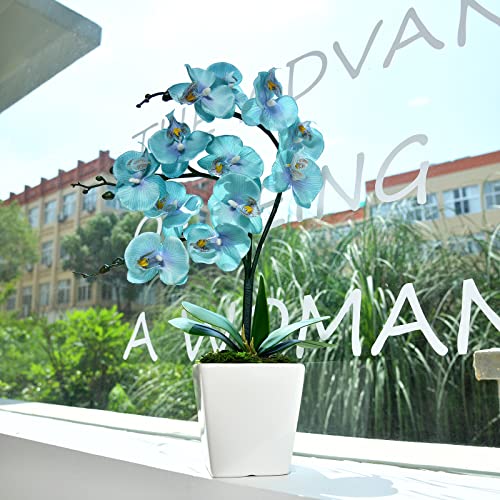 15 Inches Tall Artificial Silk Phalaenopsis Orchid Flower Plant Pot Teal Arrangements (Golden Blue) - color: Golden Blue