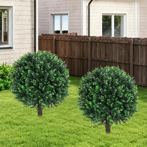2PCS Faux Boxwood Plants Outdoor Artificial Topiary Ball Trees | Fake Eucalyptus Bush & Shrub / UV Resistant / No Fade / Sturdy Build / No Maintenance / with Spike / Front Porch Decor - color: Eucalyptus