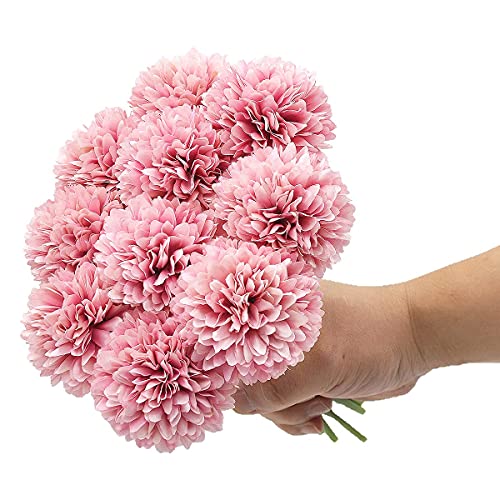 10Pcs Artificial Fake Flower Plants Silk Chrysanthemum Ball Hydrangea Arrangements Wedding Bouquets Decor Home Kitchen Garden Party Table Floral Centerpieces DIY(Dark Pink) - color: Dark Pink