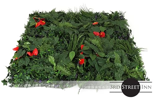3rd Street Inn Greenery Panel - Artificial Hedge Wall - Fake Plant Wall Backdrop - Privacy Screen - Interlocking Panels - Indoor Outdoor Décor (12, Red Anthurium) - color: Red Anthurium