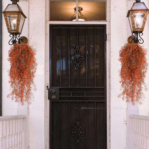 RECUTMS Fall Artificial Hanging Plants 4 Pcs Autumn Fake Ferns Artificial Plants Large Faux Hanging Plant Wall Thanksgiving Room Home Garden Wedding Party Indoor Outdoor Decor(Fall Orange) - color: Orange
