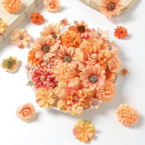 rongflower Small Artificial Flower Heads 2-4 cm, Fall Silk Faux Orange Peony Daisy Rose, for DIY Crafts, Wedding Garland, Graduation Cap, Cake Topper & Home Decoration - color: Fall Orange