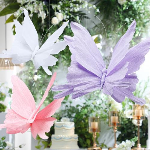 3 Pcs 3D Large Hanging Butterfly Decorations Large Butterfly Birthday Party Decorations 3D Crepe Paper Decoration for Wedding Party Birthday Baby Shower Garden(Purple, Pink, White,11inch,20 Inch) - color: Purple, Pink, White, size: 11inch,20 Inch