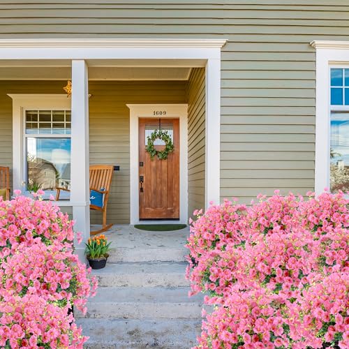 Artificial Flowers for Outdoors 12 Bundles Realistic Faux Plants UV Resistant Fake Silk Morning Glory with Eucalyptus for Front Door Planter Patio Porch Outside Spring Summer Decoration (Pink) - color: Pink