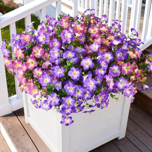 INQCMY Artificial Fake Flowers for Outdoors Decoration,12 Bundles Silk Colorful Morning Glory with Eucalyptus UV Resistant Look Real Faux Flowers for Planter Door Garden Porch Patio Balcony Yard - color: 3 Mixed Color(2 Light Orchid,2 Light Purpl,2 Pink R