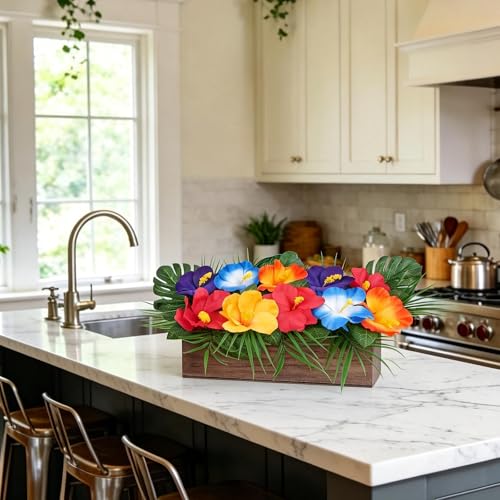 Hawaiian Flowers Arrangements for Table Centerpieces Tropical Artificial Hibiscus Fake Flowers with Palm Leaves Decor in Wooden Planter for Kitchen Island Summer Luau Party Decorations - color: Colorful