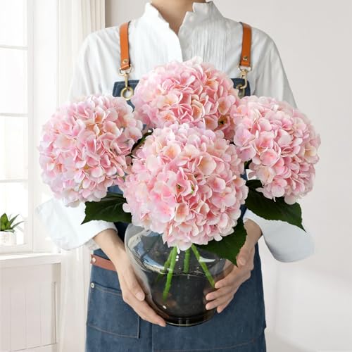JINWOE Pink Flowers Silk Artificial Hydrangeas, 4Pcs 22" Lifelike Large Silk Flowers with Stems, Artificial Flowers for Wedding Bouquet Table Centerpieces Outdoor Home - color: Light Pink