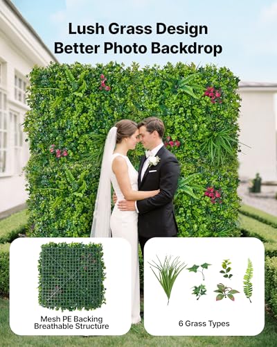 VEVOR Artificial Plant Wall, 16PCS 20 x 20 in Artificial Boxwood Panels, Greenery Backdrop Privacy Hedge Fence with Sun Protection, Fake Grass Wall Screen for Wedding, Indoor, Outdoor GardenMixed Leaf - color: Mixed Leaf, size: 20*20IN 16P