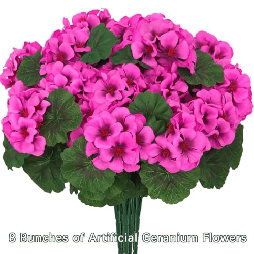 8 Pcs Artificial Geraniums Flowers for Outdoor Spring Summer Decor UV-Resistant & Realistic Silk Faux Plants for Garden Porch Patio Yard Balcony Home Kitchen Table Decoration, Rose Pink - color: Rose Pink