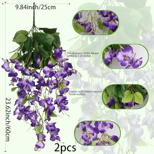 2 Pcs Fake Hibiscus Flowers Artificial Hanging Flowers Plants for Outdoors Realistic UV Resistant Spring Summer Decor Purple Silk Faux Flowers Trailing Vines for Front Door Porch Outside - color: Purple