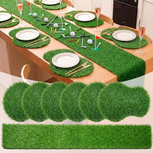 Gilprop 7 Pcs Golf Artificial Grass Placemats Table Runner Set Golf Artificial Mat Green Fake Grass Table Runner Centerpiece Placemat Sport Theme Party Decoration for Wedding Baby Shower Golfs Lover
