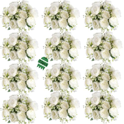 12 Bundles Peonies Artificial White Flowers Bouquet, Lifelike Silk Fake Peonies with Stems for Home Table Centerpieces, Wedding, Party & DIY Bridal Floral Arrangements (White) - color: White
